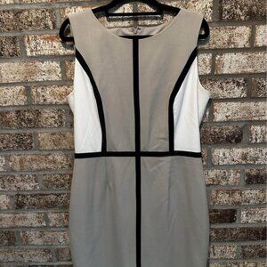Calvin Klein Khaki Colorblock w/Black Piping Stretch Sheath Dress sz 10